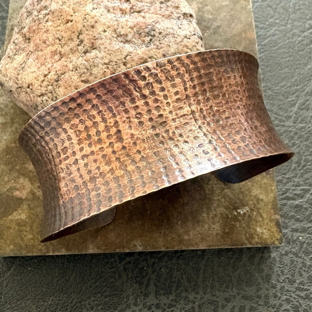 Wide Pure Copper Concave Cuff, Embossed Pattern Artisan Bracelet